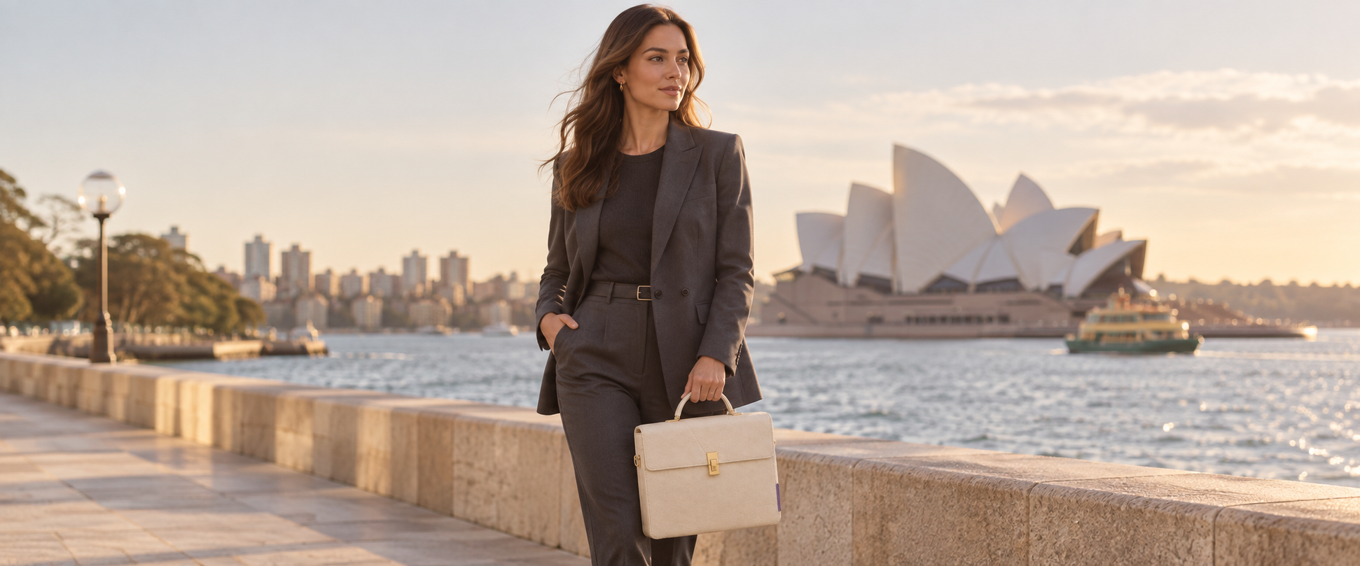 Concept lifestyle image of a woman carrying an ivory WVORY bag at Sydney Harbour